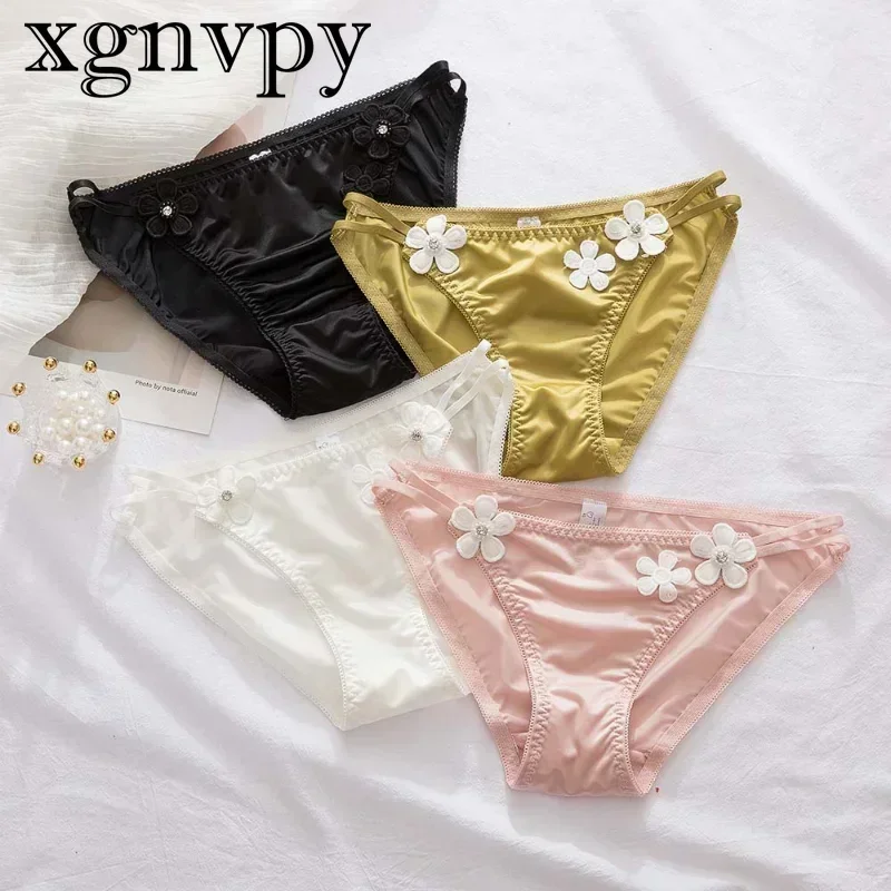 xgnvpy Thin Belt Satin Low Waist Rhinestone Panties Flower Girls Sexy Cute Japanese Colorful Silky Underwear Briefs Lingerie