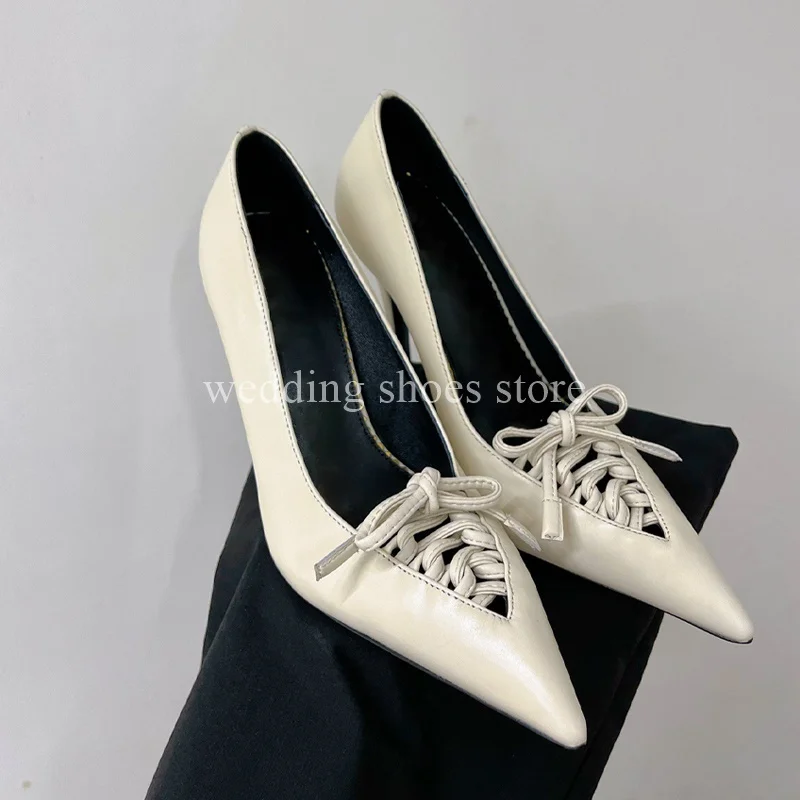 

Pointed Toe Lace-up Shallow Mouth Black Genuine Leather High Heels Temperament Luxury New Single Shoes Women Pumps Wedding