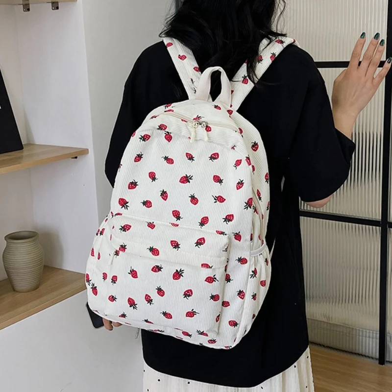 Mochila de Corduroy Strawberry para Estudantes, Mochila Escolar com Múltiplos Bolsos, Alça Ajustável para Notebook, Mochilas Escolares para Adolescentes