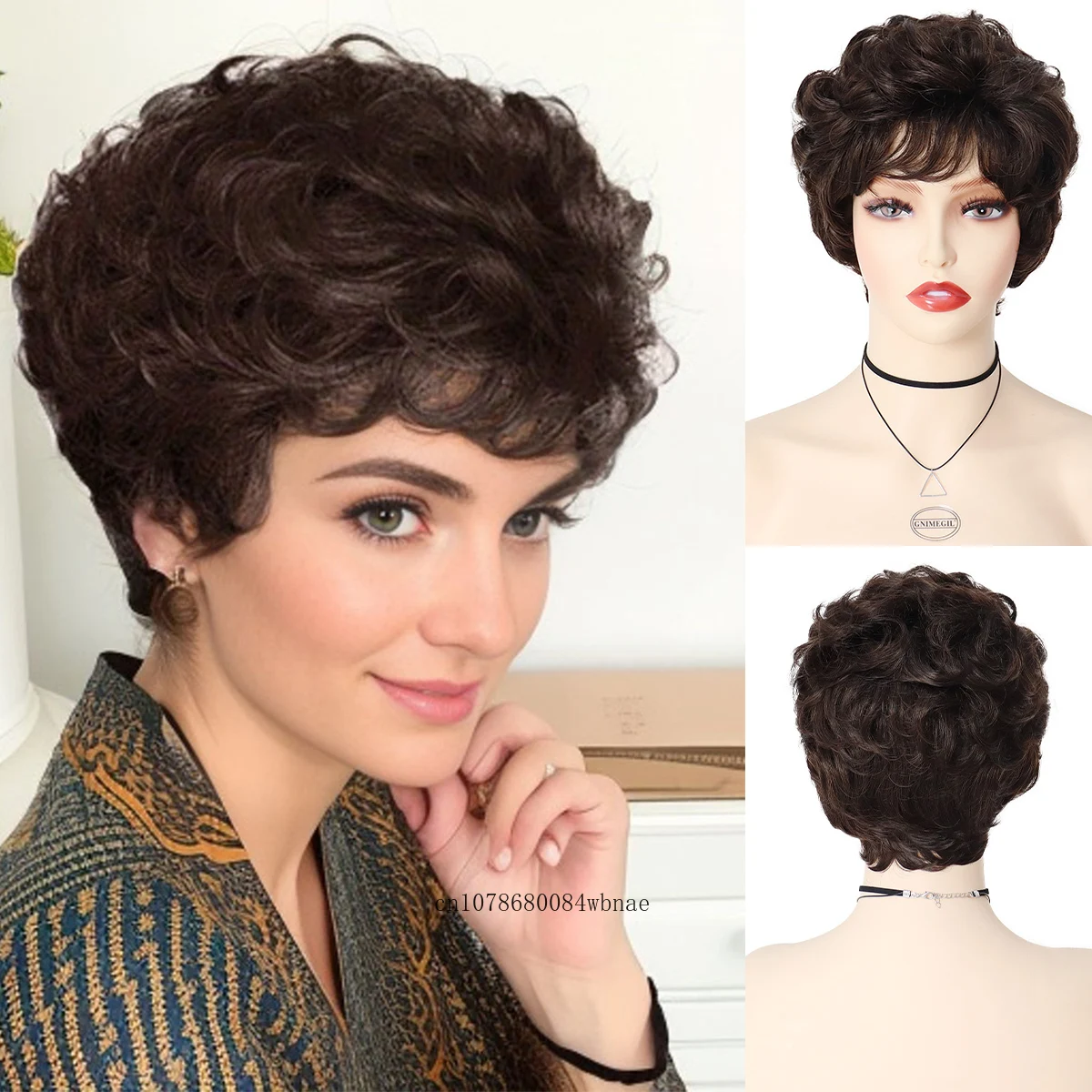 Short Dark Brown Curly Synthetic Wig with Bangs Old Lady Wigs for Women Grandma Pixie Hairstyle Daily Cosplay Heat Resistant