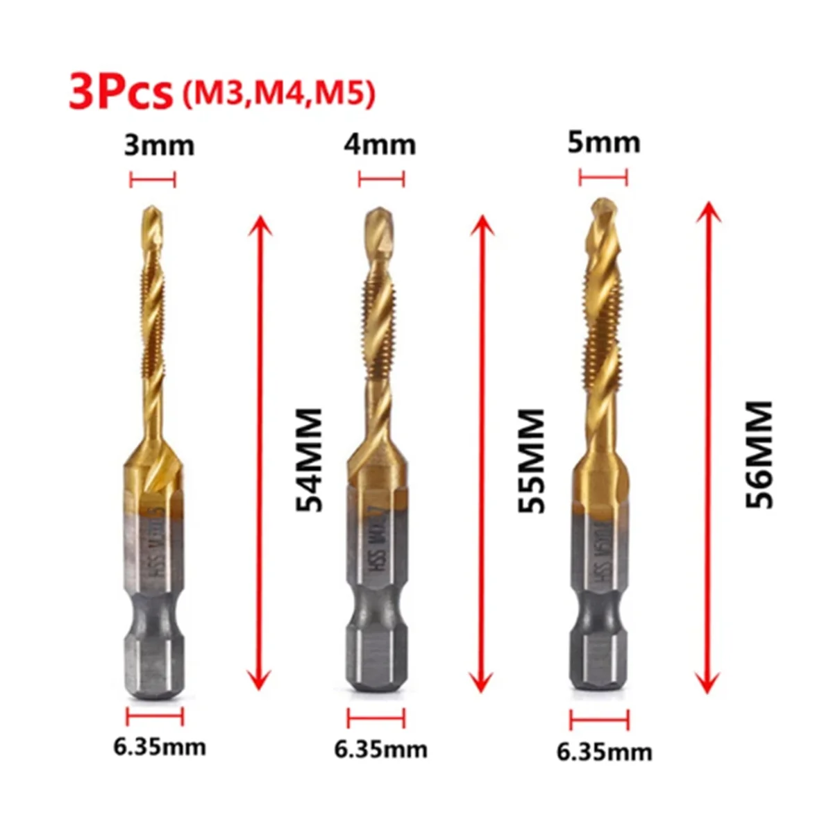 M3+M4+M5 Hex Shank Titanium Plated HSS Screw Thread Metric Tap Drill Bits Screw Machine Compound Tap Open Chamfer Tool