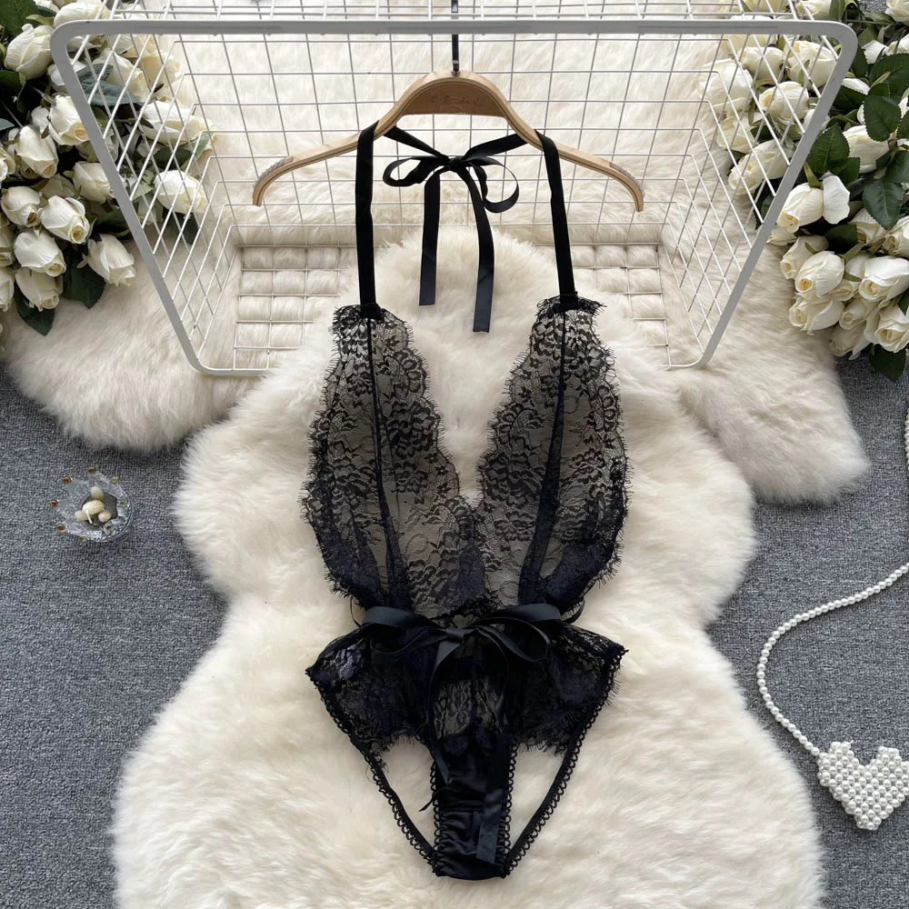 

Summer 2023 Sexy Lace Bodysuit Deep V Neck High Split Base Tie Hanging Neck All-in-One Trendy Women's High Waist Straight Leg...