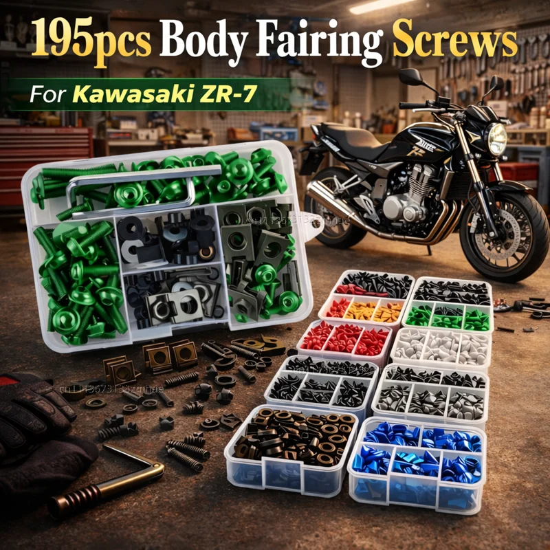 195-teiliges Motorrad-Verkleidungsschrauben-Set mit Muttern für Kawasaki ZR-7/S ZR7 ZR7S 1999-2003, Aluminium-CNC-Befestigungsclips-Set