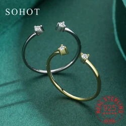 Real 925 Sterling Silver Minimalist Zircon Geometric Opening Rings for Women Trendy Fine Jewelry Adjustable Accessories