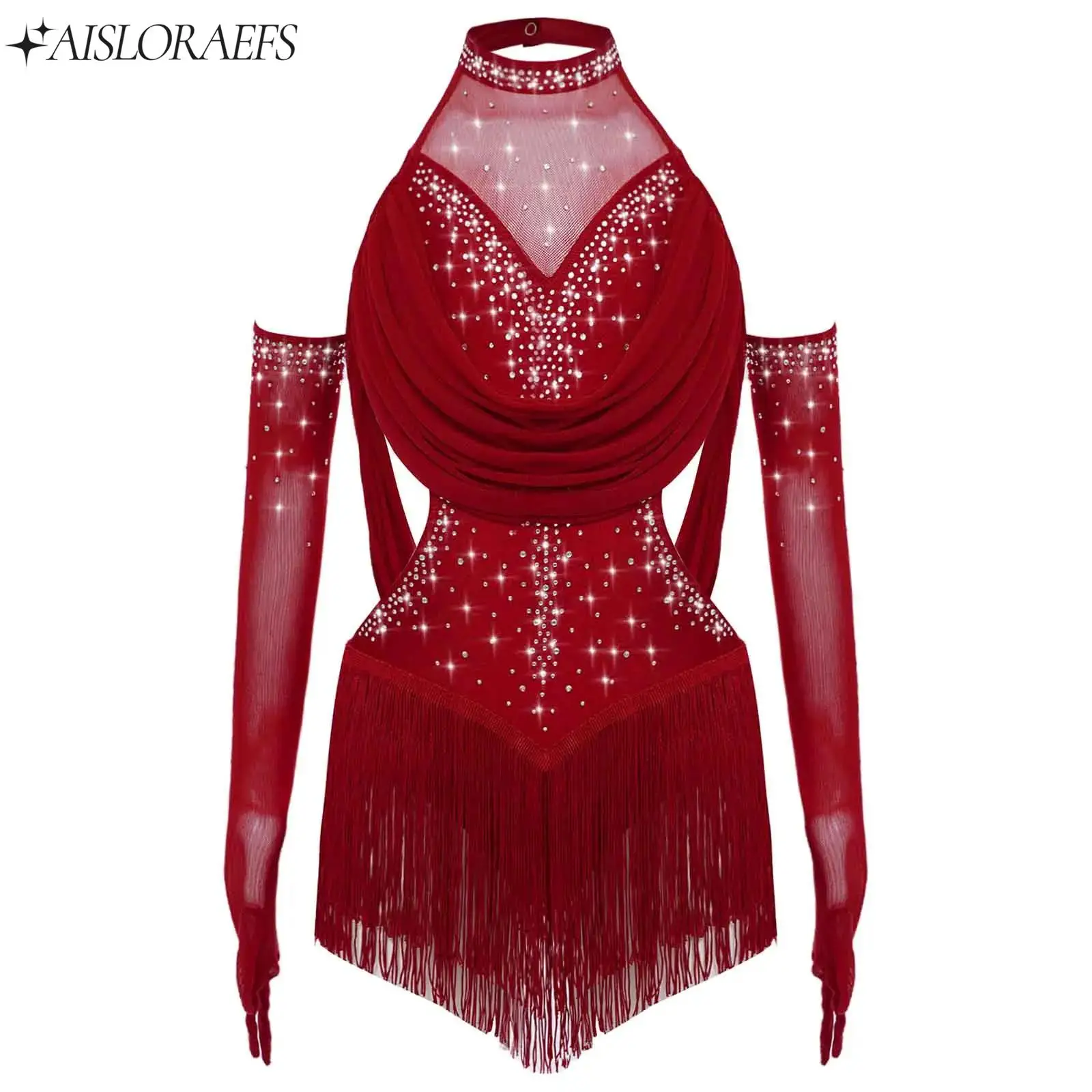 

Kids Girls Gymnastics Jazz Latin Bodysuit with Gloves for Lyrical Cha-cha Samba Dance Figure Skating Costume Performance Wear