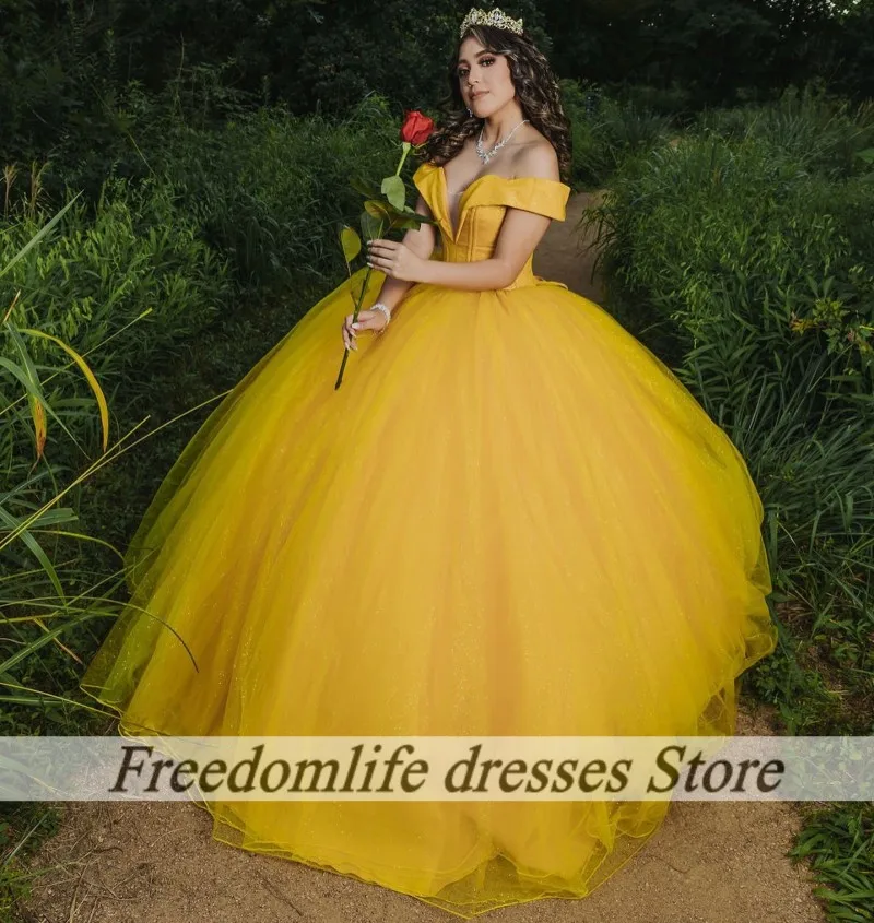 

Элегантное желтое платье Quinceanera с открытыми плечами и короткими рукавами, бальное платье из тюля, простое милое платье с пайетками 16, Vestidos 15 Anos по индивидуальному заказу