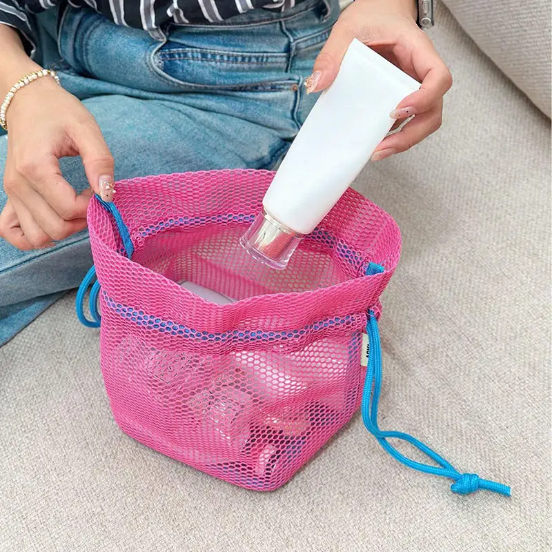 Mesh Makeup Bag Drawstring Pocket Girl Travel Toiletry Pouch Bag Portable Foldable Casual Swimming Storage Bag Wash Bag