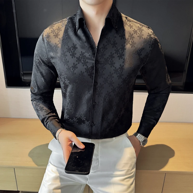 High Quality Jacquard V-neck Shirt for Men's Long Sleeved Casual Floral Shirt Slim Fit Business Social Party Tuxedo Dress Shirts