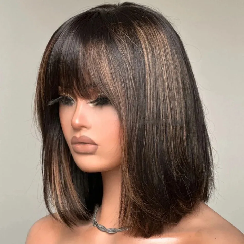 Dark Brown Highlights Streaks Bob Short Straight Lace Front Wig with Bangs 13x4 HD Lace Wig Synthetic Daily Cosplay Makeup Use