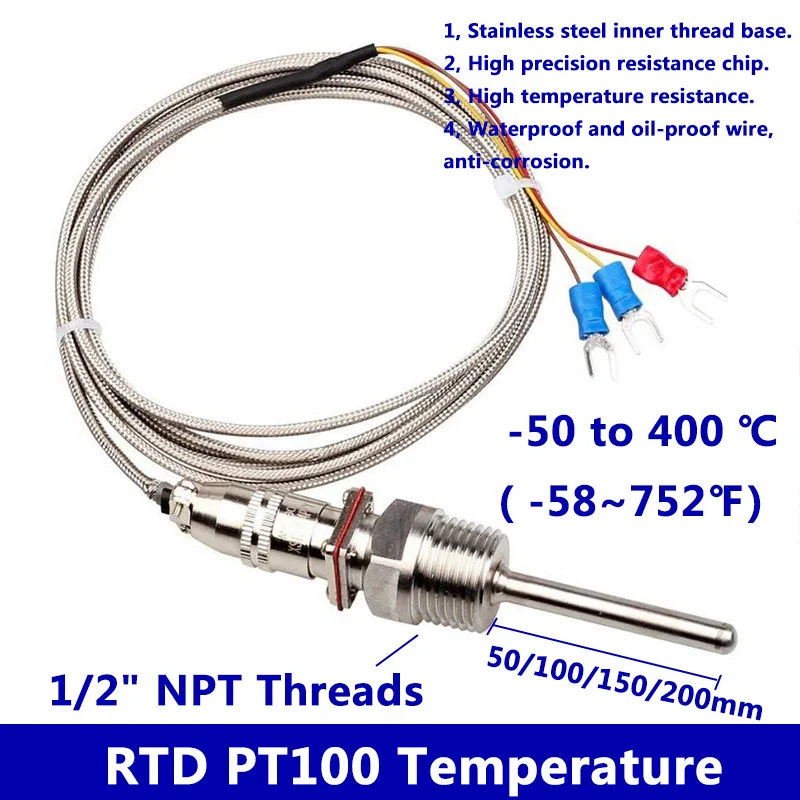

Датчик Температуры RTD PT100, 50 ~ 200 мм, зонд 1/2 дюйма, резьба NPT с кабелем 1 ~ 5 м-58 °F-572oF, водонепроницаемый и маслостойкий, антикоррозийный
