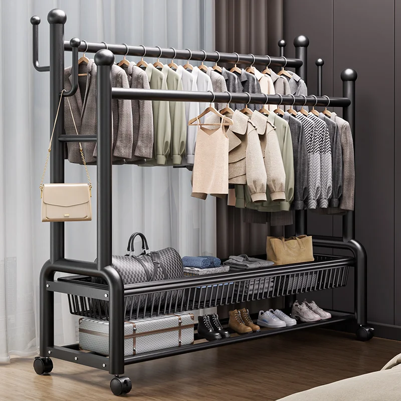

Double pole drying rack household bedroom simple coat rack floor-to-ceiling indoor thickened artifact room hanging clothes rack