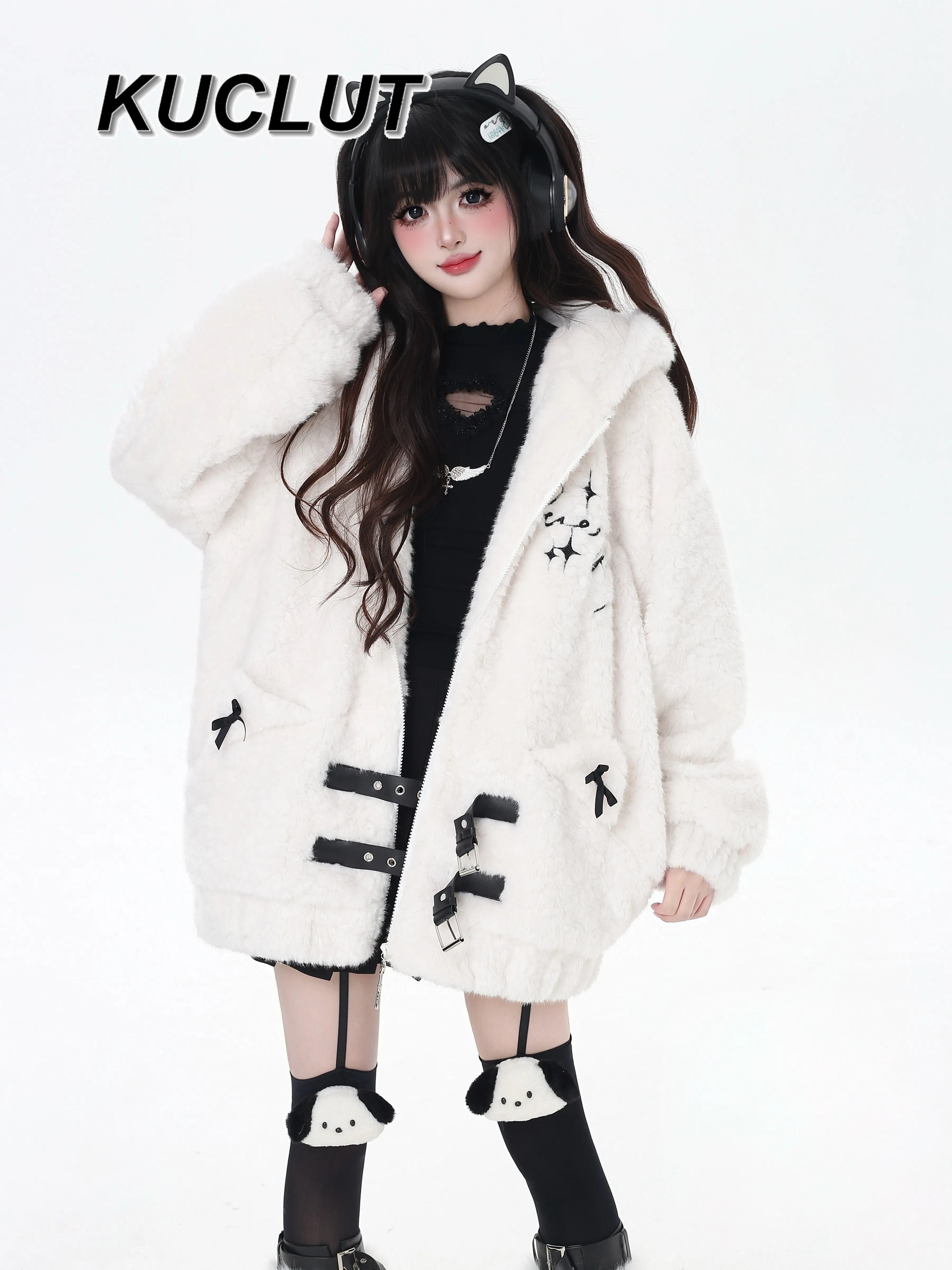 النمط الياباني معاطف فضفاضة للنساء الشتاء الأصلي المطرزة صوف الضأن معطف مقنع تنوعا الصوف مبطن سترات دافئة