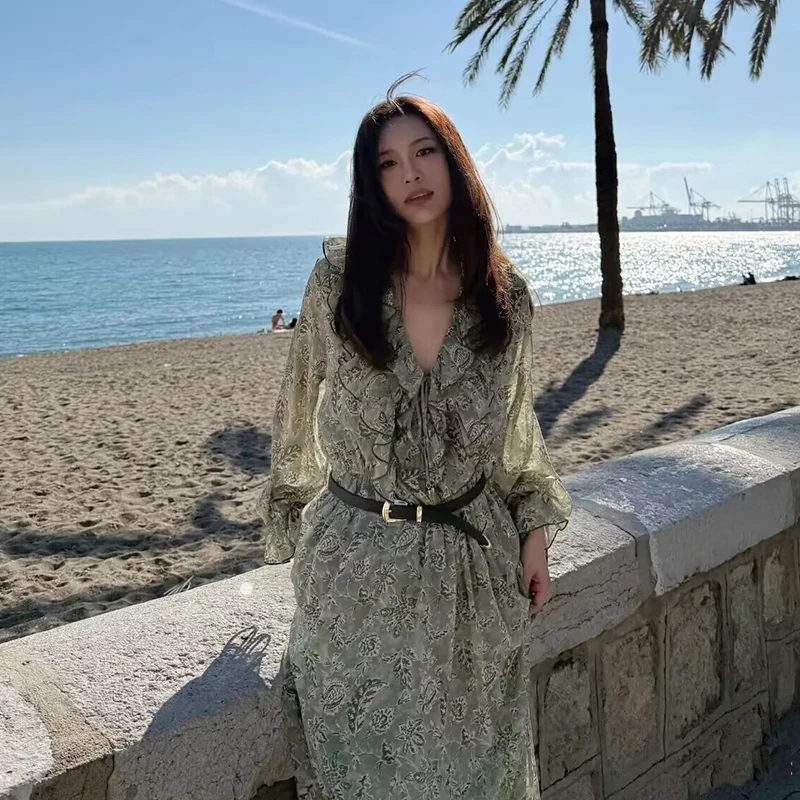 فساتين نسائية 2025 ربيع جديد شيفون طباعة الخامس الرقبة شيك سليم فستان طويل موضة أنيقة عطلة الشارع فستان نسائي