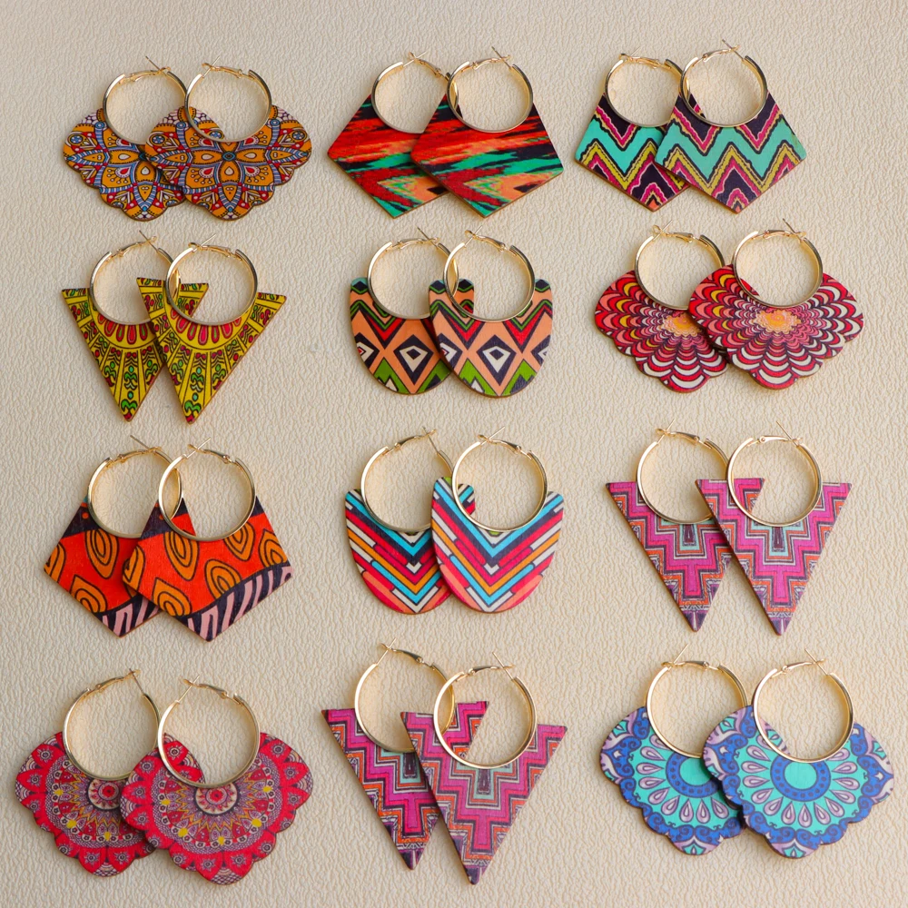 10 زوج/وحدة موضة العرقية طباعة هندسية خشبية أقراط المرأة أنيقة ريترو للهدايا عطلة مجوهرات اكسسوارات الحفلات #5