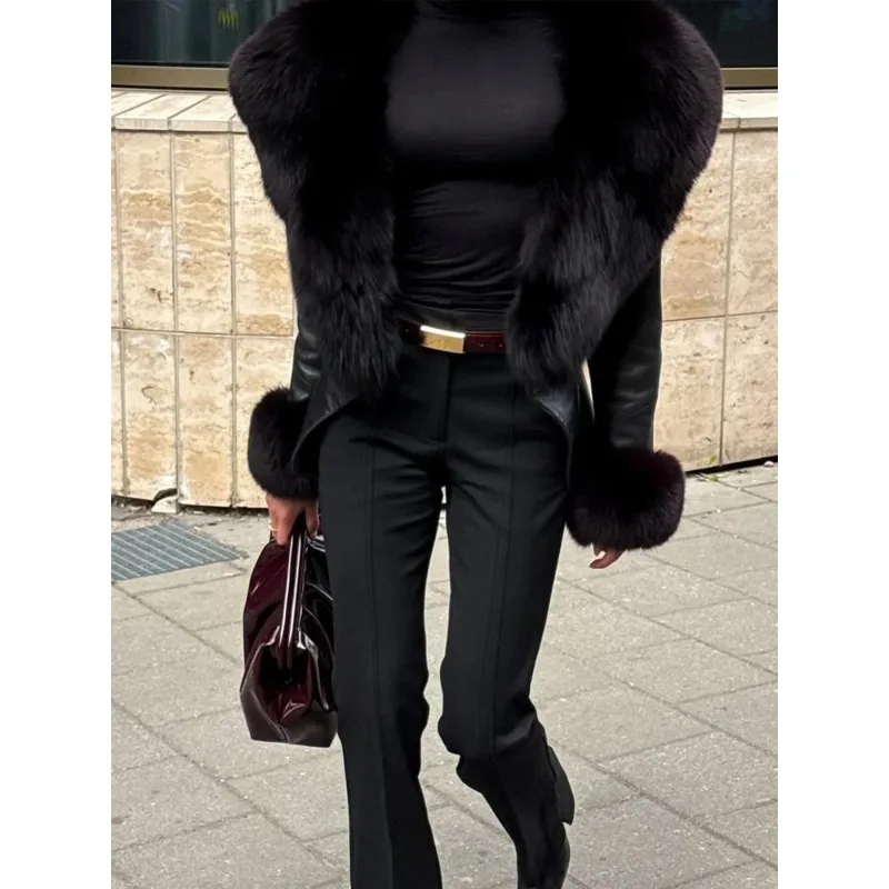 High-end niche, back strap, waist jacket, big fur collar, short coat, retro temperament, hot girl, leather jacket