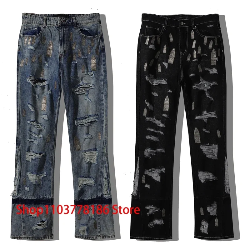 

Rock Retro Ripped Pants WHO DECIDES WAR Denim Pants Classic Logo Pattern Straight Leg Pant Men Women Casual All-match Jeans