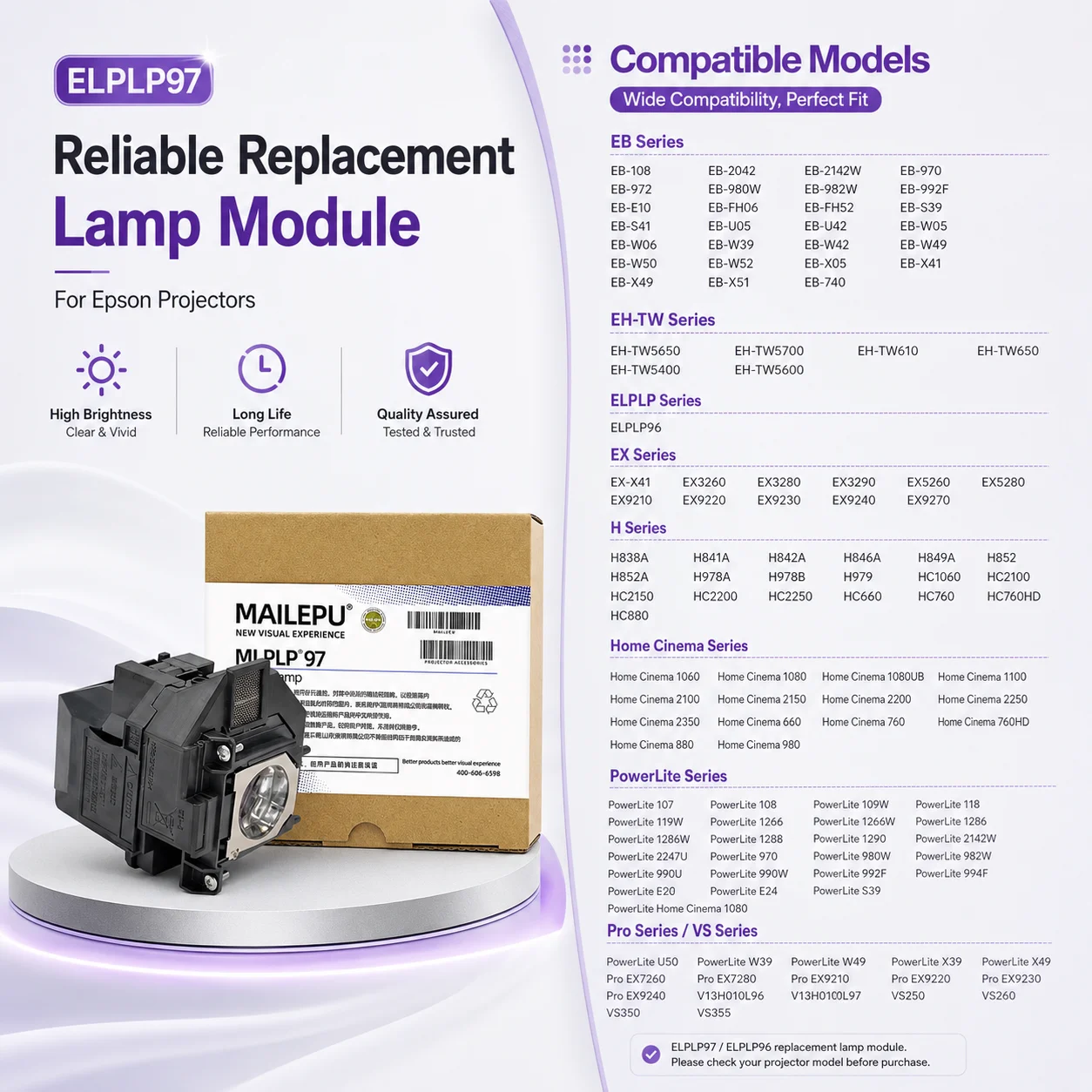 ELPLP97 V13H010L97 Projector Module Replacement for EPSON ELPLP97 PowerLite U50 EB-U50 EB-FH52 EB-FH06 EB-W51 EB-W50 EB-X50