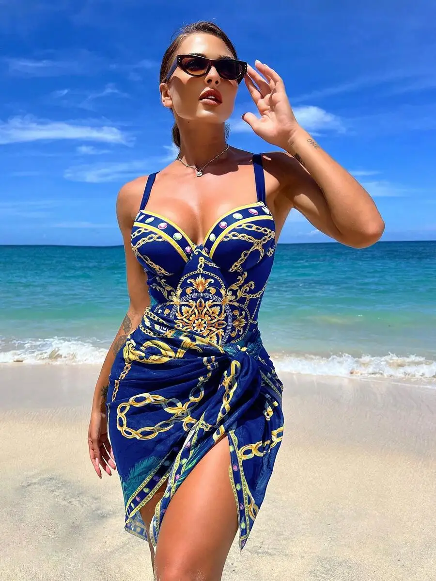 

Printed Padded Push-Up Bikini Set With Chain Pattern For Beach Vacation