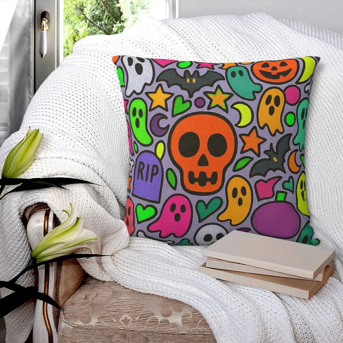 Spooky And Fun Halloween Pattern Square Pillowcase Cushion Cover Pillow Case Throw Pillow Cover for Home Sofa Living Room