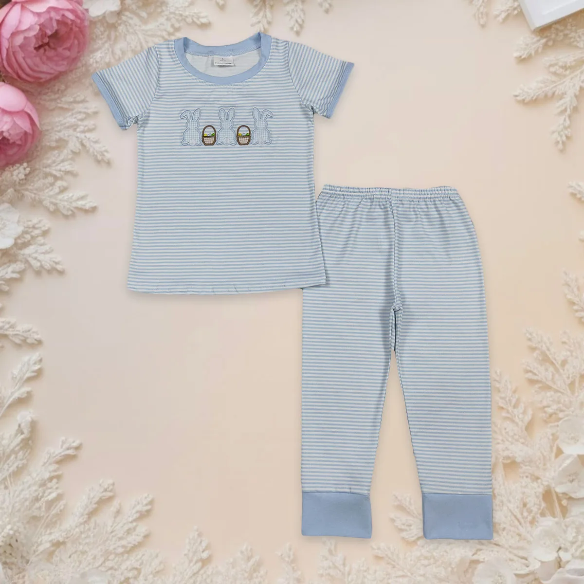 

Kids Set Embroidery Baby Boy Clothes Long Sleeve Rabbits Bunny Eggs Shirt Stripe Children Pants Outfit Clothing Suit Wholesale