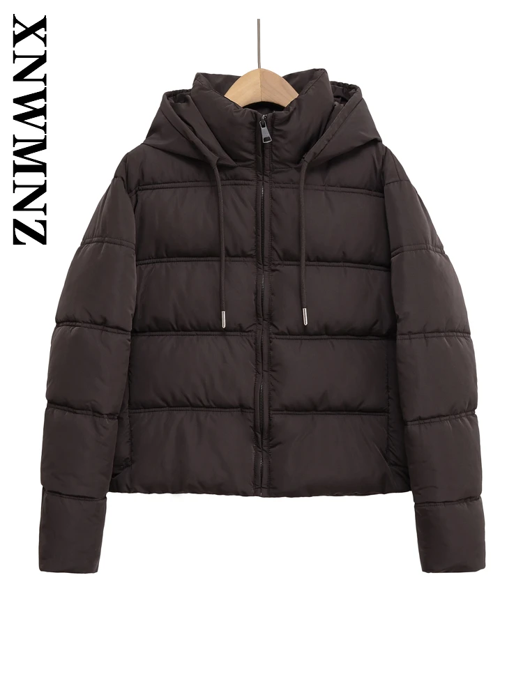 XNWMNZ 2025 الخريف بسيط التنقل مقنعين طوق معطف طويل الأكمام Vintage الشتاء عادية النساء الملابس البني موضة ملابس خارجية #1