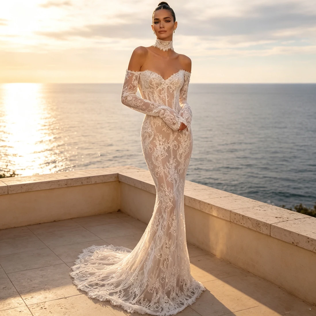 Alonlivn Customize Made Beading Lace Mermaid Wedding Dress Off Shoulder Full Sleeve Of  Skin Tulle Sweetheart Wedding Gowns