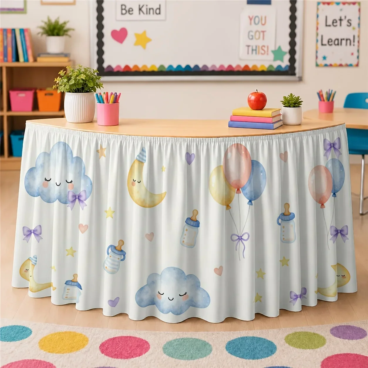 One table skirt with cloud, moon, balloon, bottle, heart and bow patterns, made of polyester.