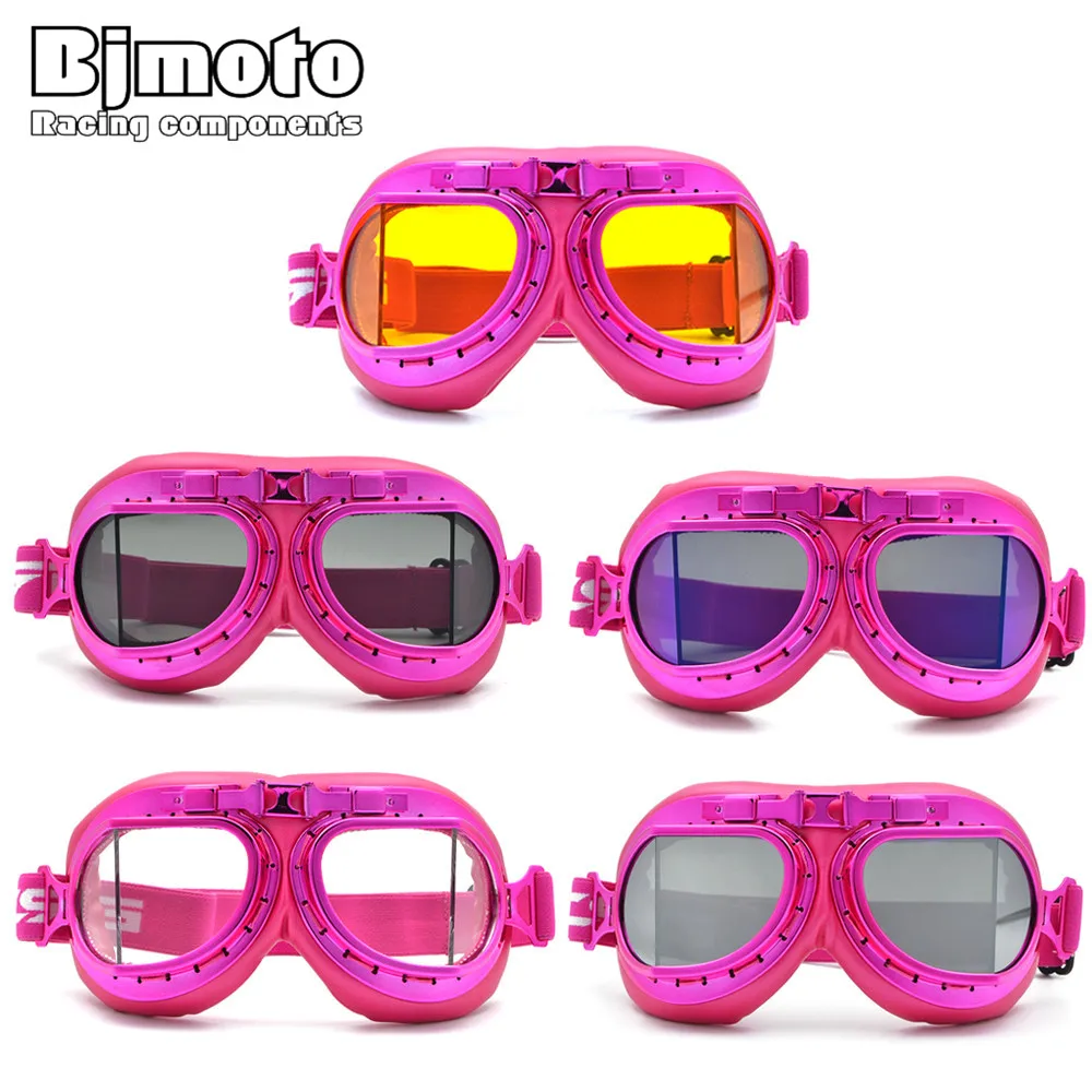 Bjmoto moto Pink Goggles Glasses Vintage Pilot goggles For motorcycle helmet goggles