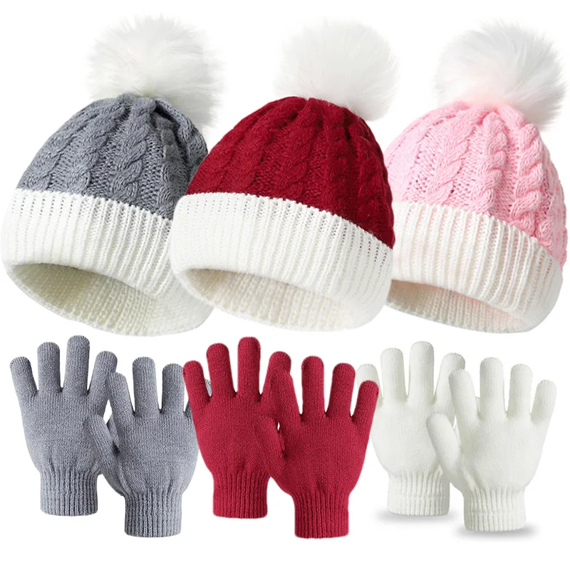 Marry Christmas Hat Gloves Set for Baby Cute Fur Ball Children Knitting Hats Boys Girls Winter Warm Accessories 1-4 Years Old