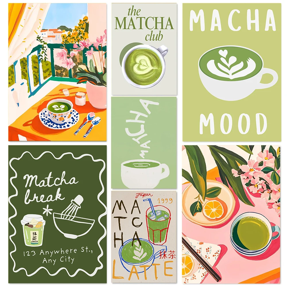 Minimalistisches Mode-Poster mit Matcha-Grüntee-Latte-Motiv, Kunstdruck auf Leinwand, Ölgemälde, Wanddekoration für Café und Küche
