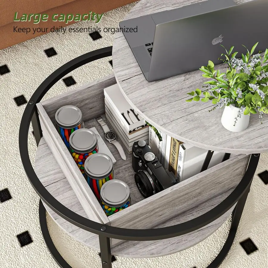 Coffee Table with Storage,Lift Top Coffee Table for Living Room Reception Room,2 Tier Small Round Table Dining Center,Grey