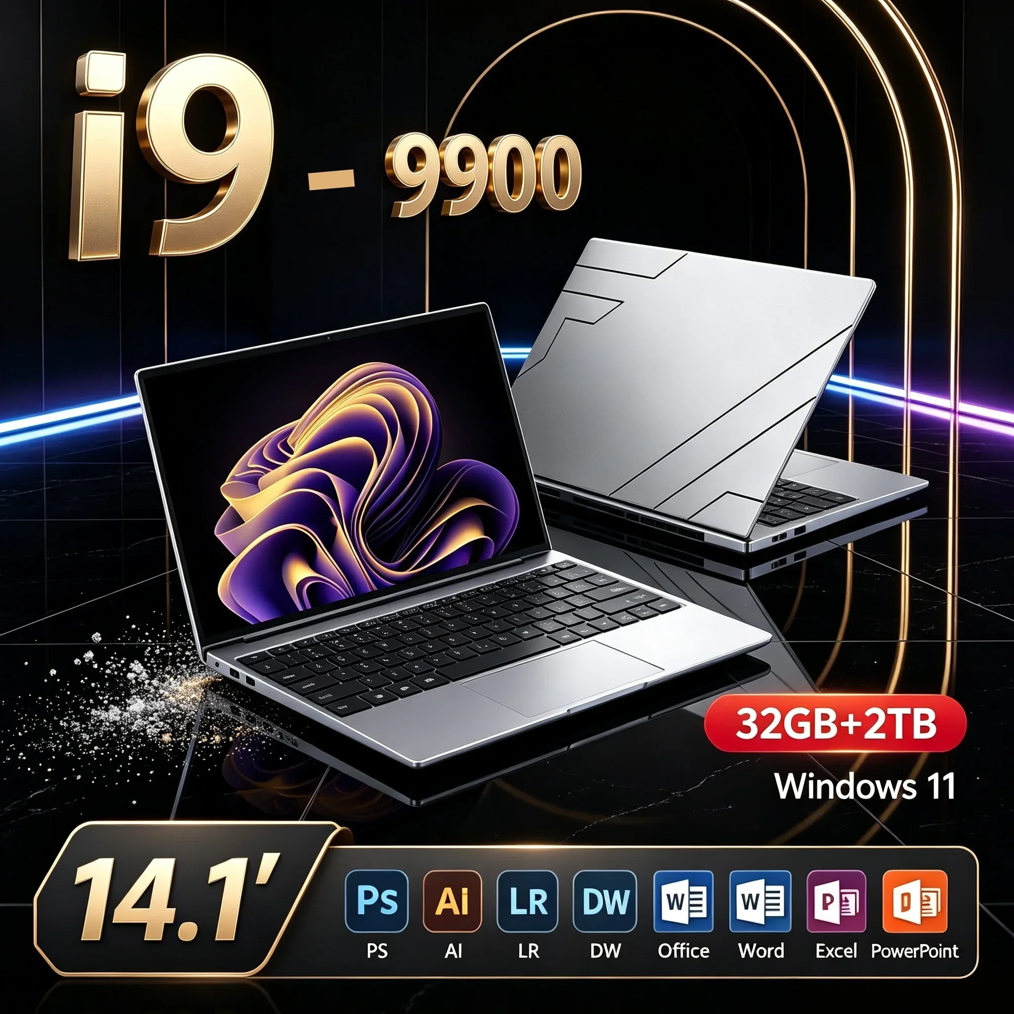 14.1'' Thin Light Notebook Computer Intel I9‑9900 32GB RAM 1TB/2TB SSD Windows11 Portable Laptop PC For Office Student Business