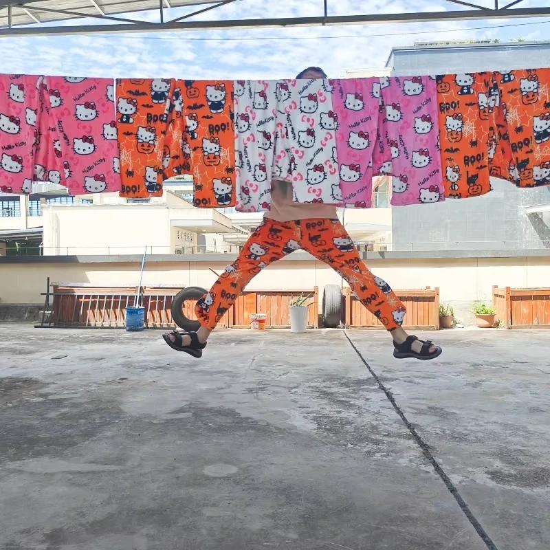 أنيمي مرحبا كيتي الخريف والشتاء المرأة الفانيلا النوم السراويل الكرتون لطيف مع سميكة المرجان الصوف فضفاض السراويل المنزل غير رسمية