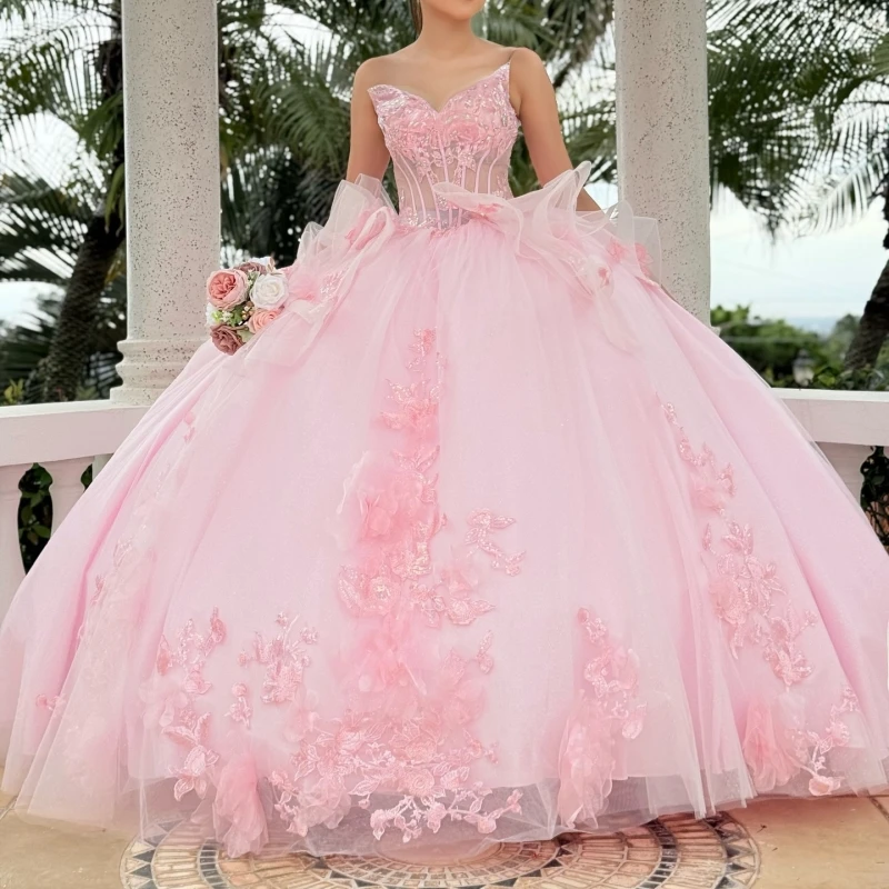 

Pink Ball Gown Quinceanera Dresses Off The Shoulder Applique Lace Beads Tull Bow Party Birthday Sweet 16 Dress Vestidos 15 De