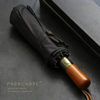 PARACHASE big umbrella men business style 115cm automatic umbrella rain double layer 10K windproof large Golf umbrella wooden umbrella