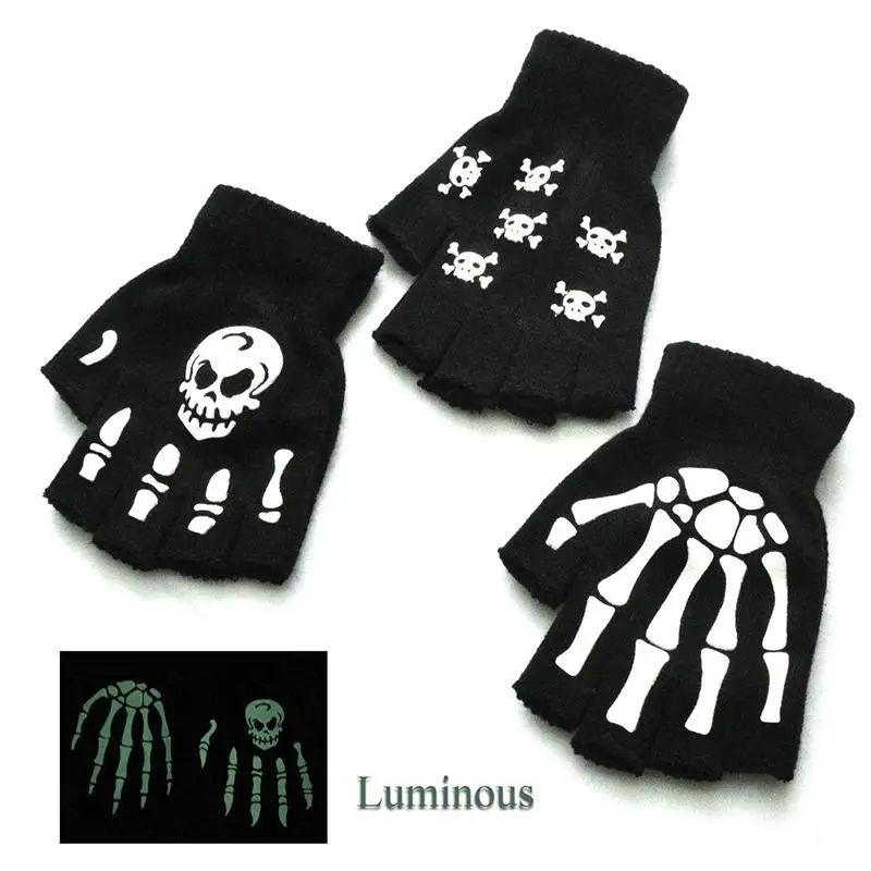 Fashion Halloween Style Gloves Horror Skull Bone Skeleton Half Gloves Novelty Unisex Mittens Winter Warmer Gloves