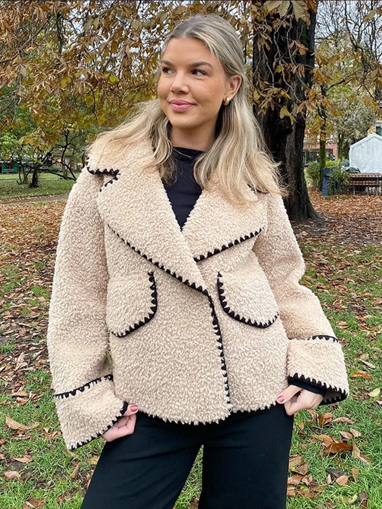 Fashion Solid Lapel Lamb Wool Jacket For Women Elegant Round Neck Long Sleeves Pockets Coat 2024 Autumn Winter Warm Outerwear