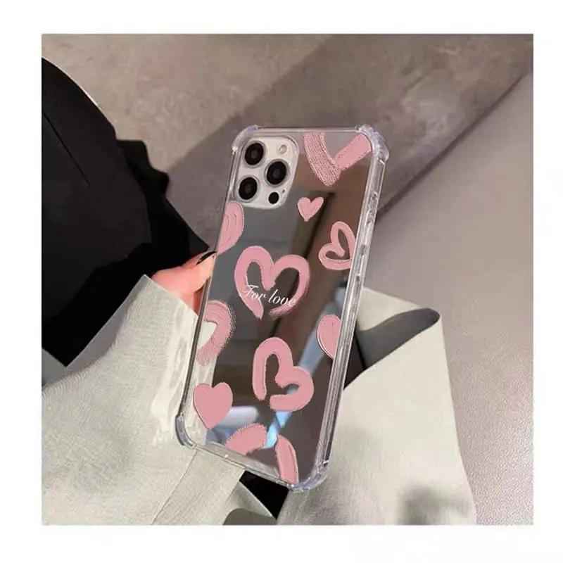 Mirror Love Heart Pattern Phone Case For iPhone 16 11 13 Pro Max 12 14 15 Pro Max 7 8 Plus Make Up Mirror Silica Gel Back Cover