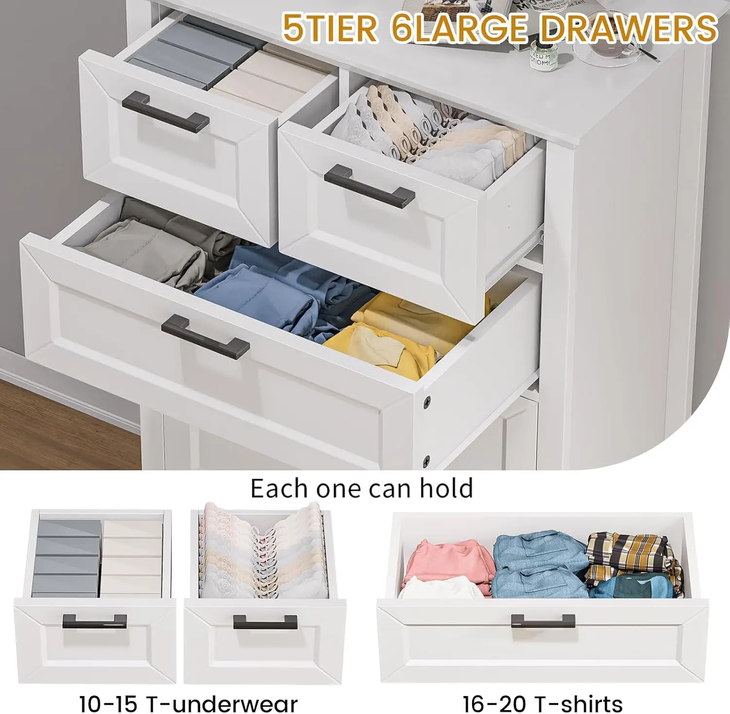 White Dresser with 6 Drawers, Vertical Tall Dresser for Bedroom, Wood Dresser for Hallway, Living Room, Chest of Drawers for Nur