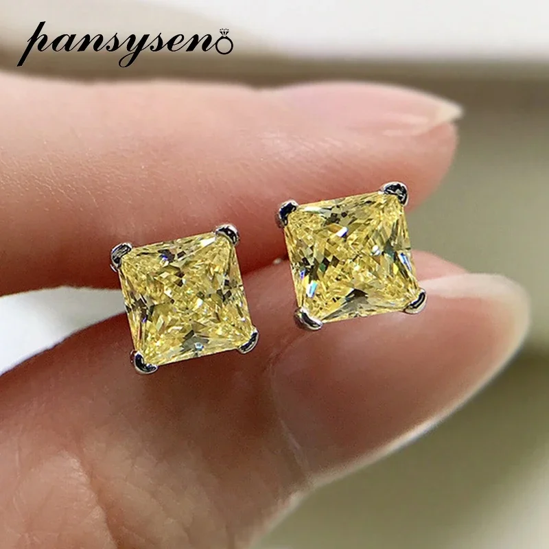 

PANSYSEN 100% 925 Sterling Silver 6MM Square Citrine Gemstone Wedding Engagement Ear Stud Earrings Fine Jewelry Gifts Wholesale