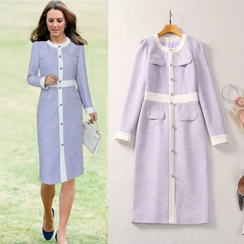 كيت ميدلتون الخريف الساخن بيع الموسم المرأة جولة الرقبة طويلة الأكمام الأرجواني فستان صوفي زر الديكور ثوب سيدة