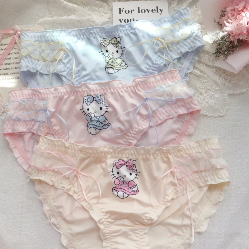 Hello Kitty Cartoon Anime Cute Kawaii Women Panties Sweet Girl Lace Bow Lolita Pink Briefs Triangle Pants Lingerie Smooth Trunks