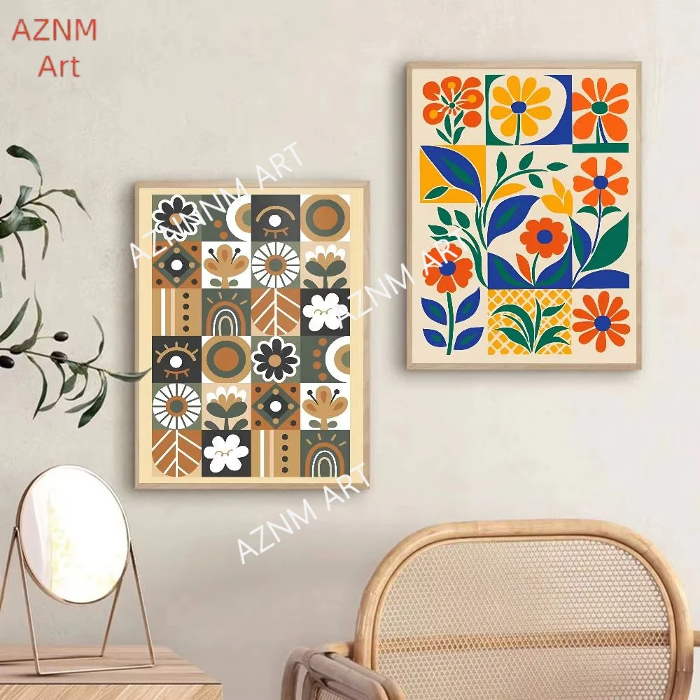 Vintage Boho Flower Art Poster Self-adhesive Art Room Entrance Restaurant Wall Decor Art Painting