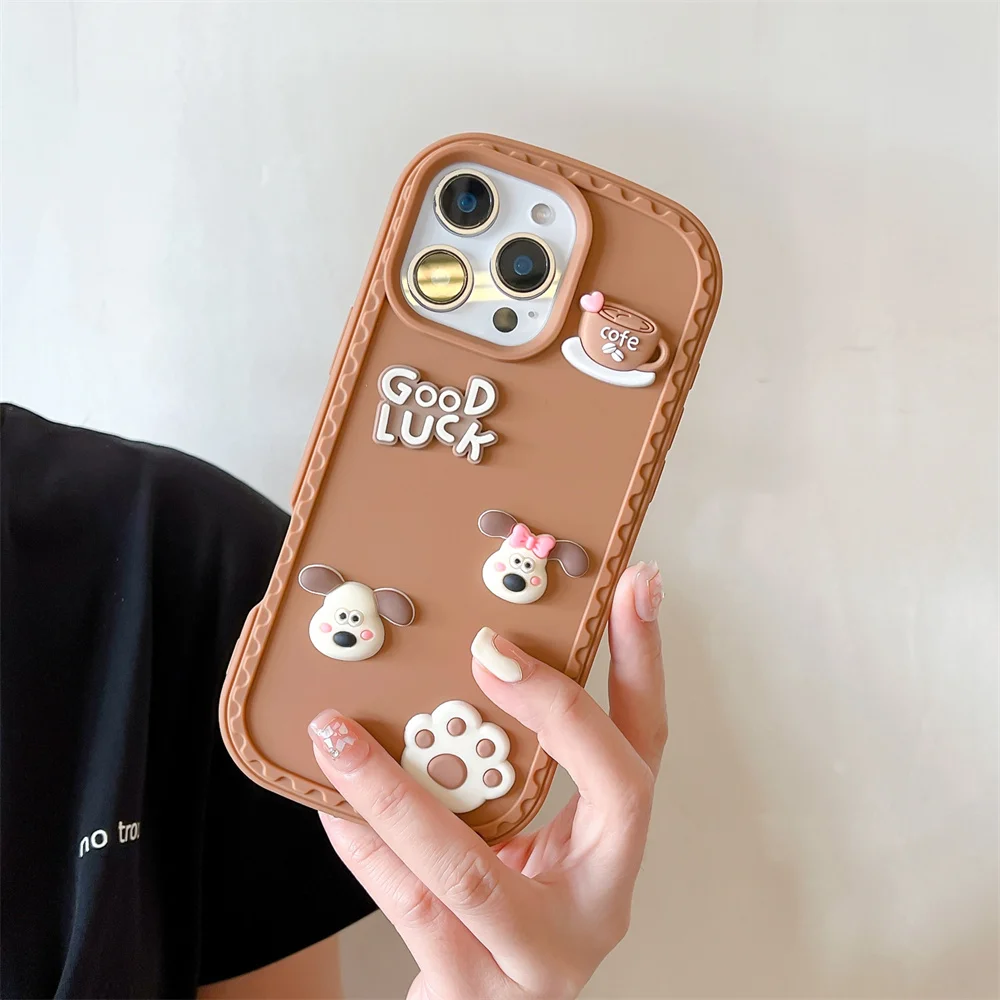 آيفون 16 15 14 13 12 برو ماكس زائد الغبار شحن ميناء قضية الهاتف الخليوي ثلاثية الأبعاد براون الكلب القهوة البصمة الغطاء الواقي