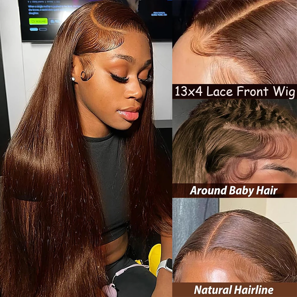 13x4 الدانتيل الشفاف شعر مستعار أمامي # 4 باروكات شعر بشري مفرود بني داكن بكثافة 180%، باروكات مستقيمة بلون بني شوكولاتة