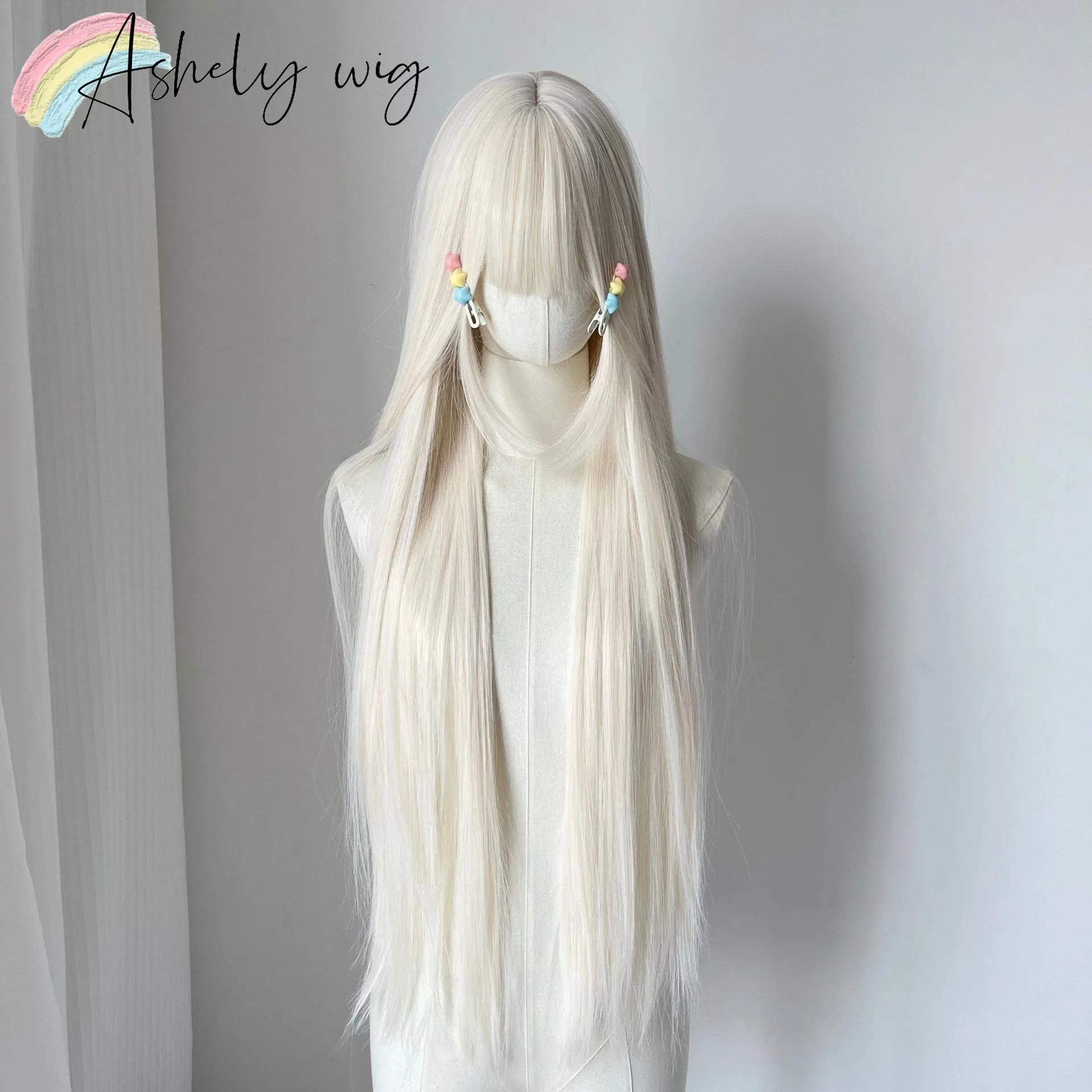 Milky White Wig with Sideburns 85cm Long Wavy Hair Lolita Cute Synthetic Wigs High Temperature Fibers Natural Wigs for Cosplay