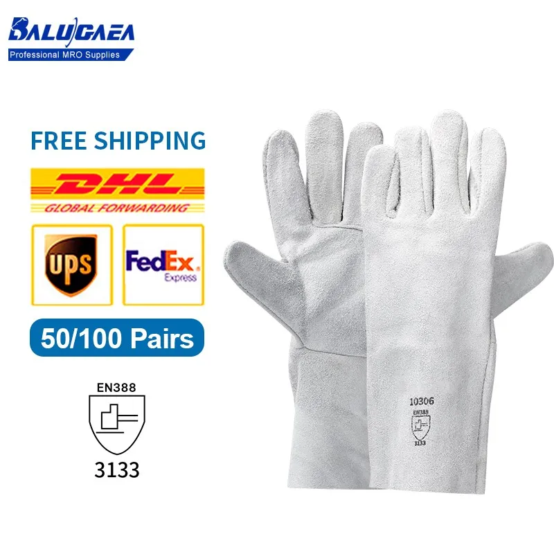 50/100 Pairs Work Gloves Cowhide Leather Welding Gloves Heat Resistant Safety Work Gloves for Welder, BBQ Gloves