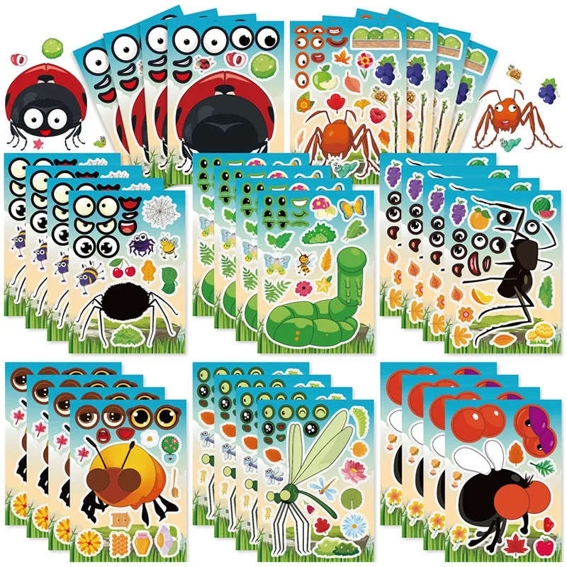 Autocollants puzzle créatifs pour enfant, étiquette à faire soi-même, motif abeilles, fourmis, pilier, araignées, bugs, visage, insecte, leone nitive, jouets