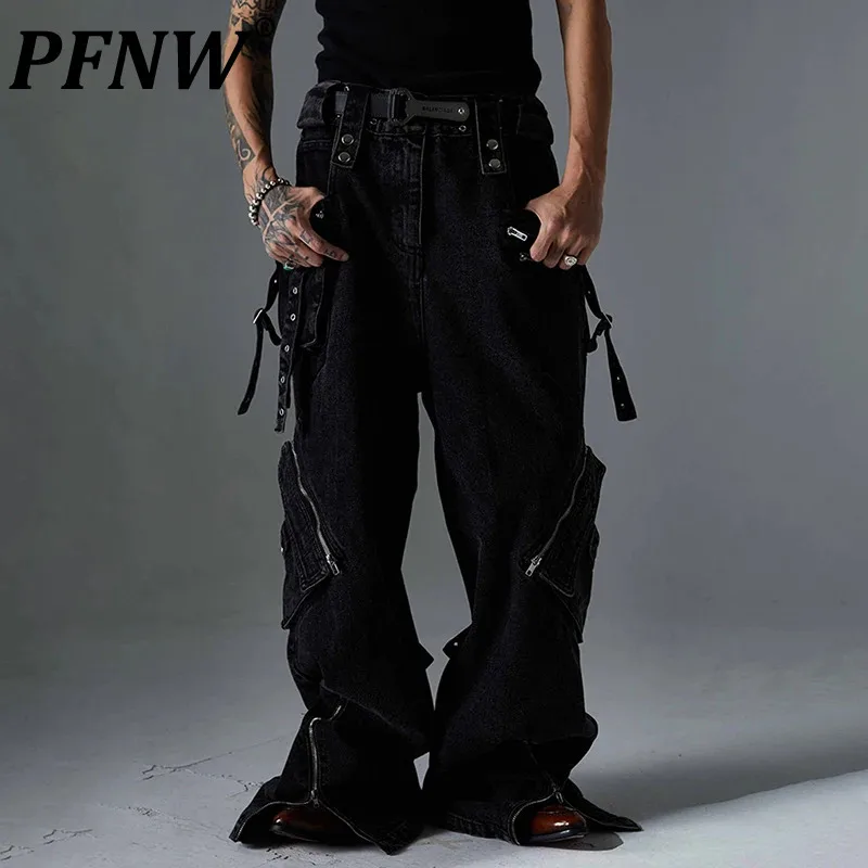 PFNW American High Street Trendy Jeans Men's Loose Straight Leg Pants Multi Pocket Zipper Button Design Casual Trousers 28W5203