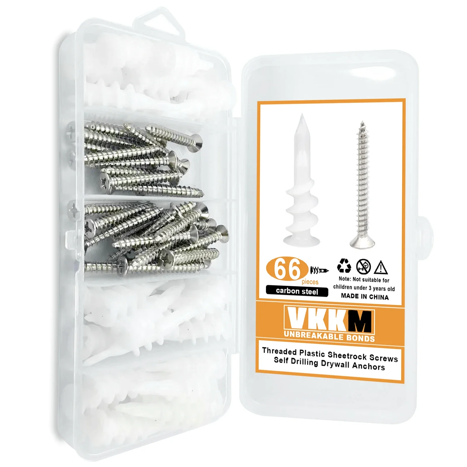 66 White Nylon Drywall Anchors And Screws, Threaded SLATE Anchors, Suitable For Suspension Installation